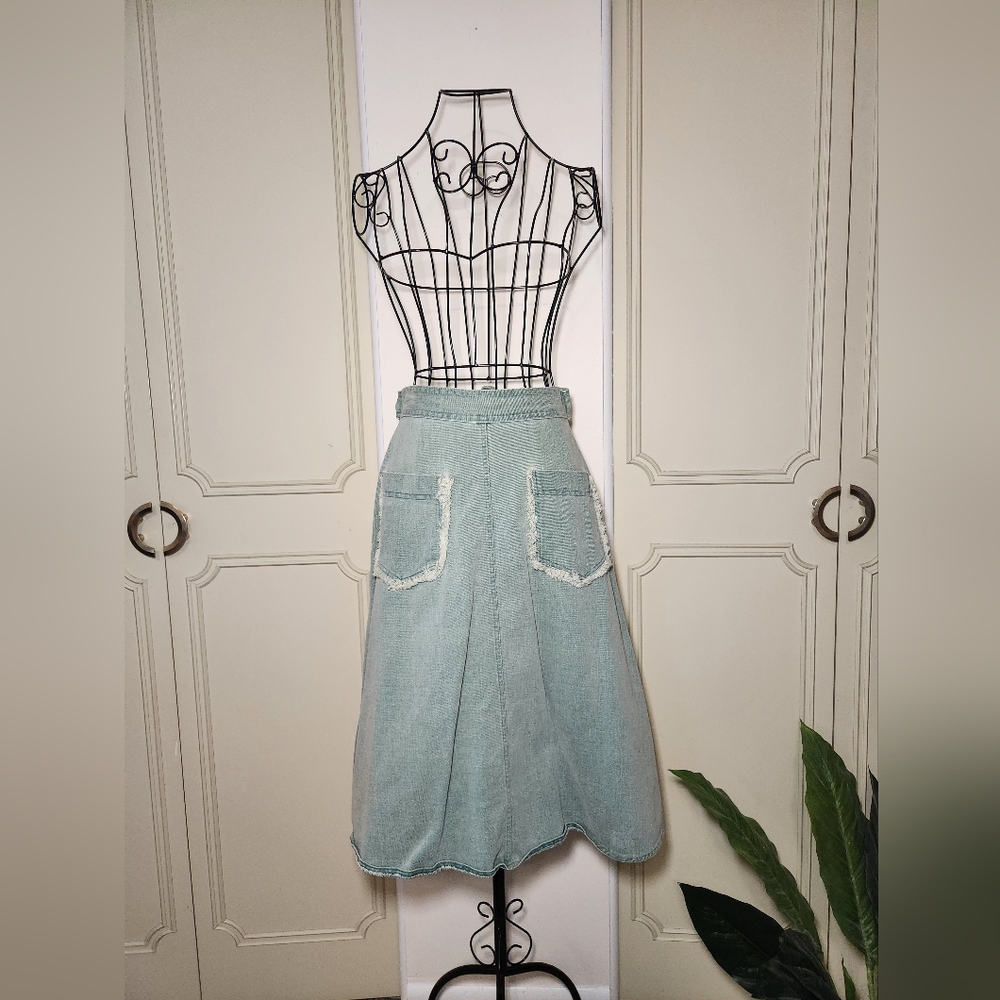 Vintage Light Green Wash Denim Utility Skirt/ 70s-80s A-line Midi